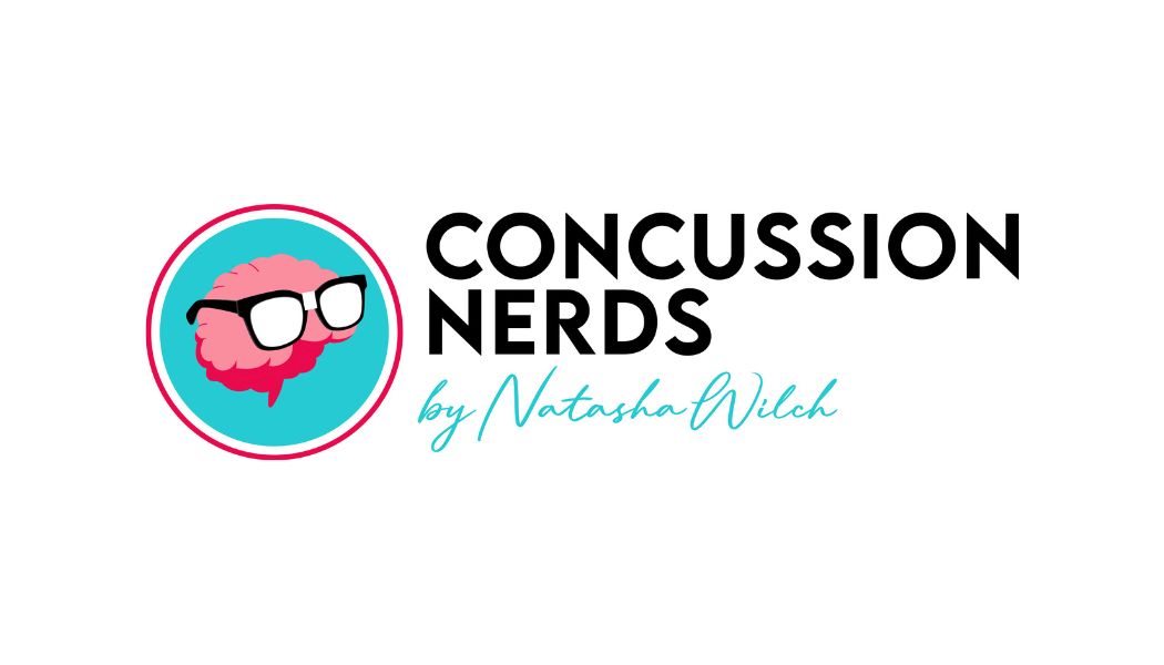 concussion nerds logo.  pink brain with glasses 